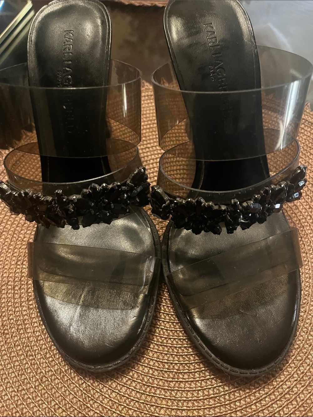 Karl Lagerfeld Black Beaded Clear Strap Slide Mules